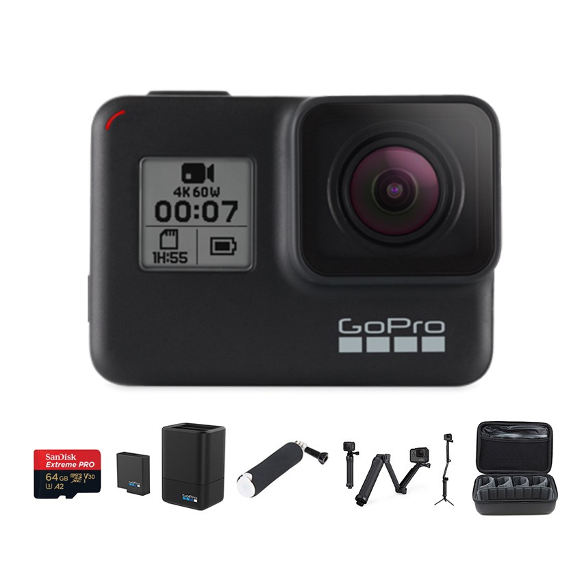 GoPro Hero 7 Black พร้อมเมมโมรี่ 64GB, แบตเตอรี่เสริมพร้อมที่ชาร์จ, ทุ่นลอยน้ำ, ไม้เซลฟี่ 3 way แท้ และ กระเป๋า Casey(OEM)
