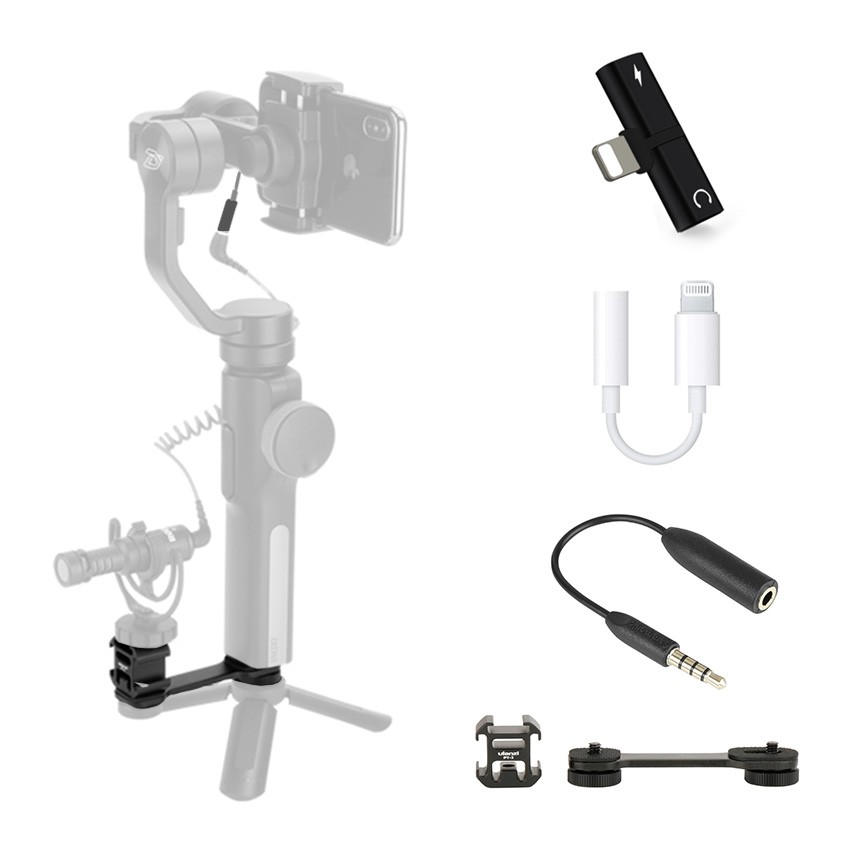 Live Streaming Set for Osmo Mobile 2, Smooth 4 [T Adpater Double Lightning, Lightning to 3.5mm , TRS to TRRS adaptor, 7K Hot Shoe] 