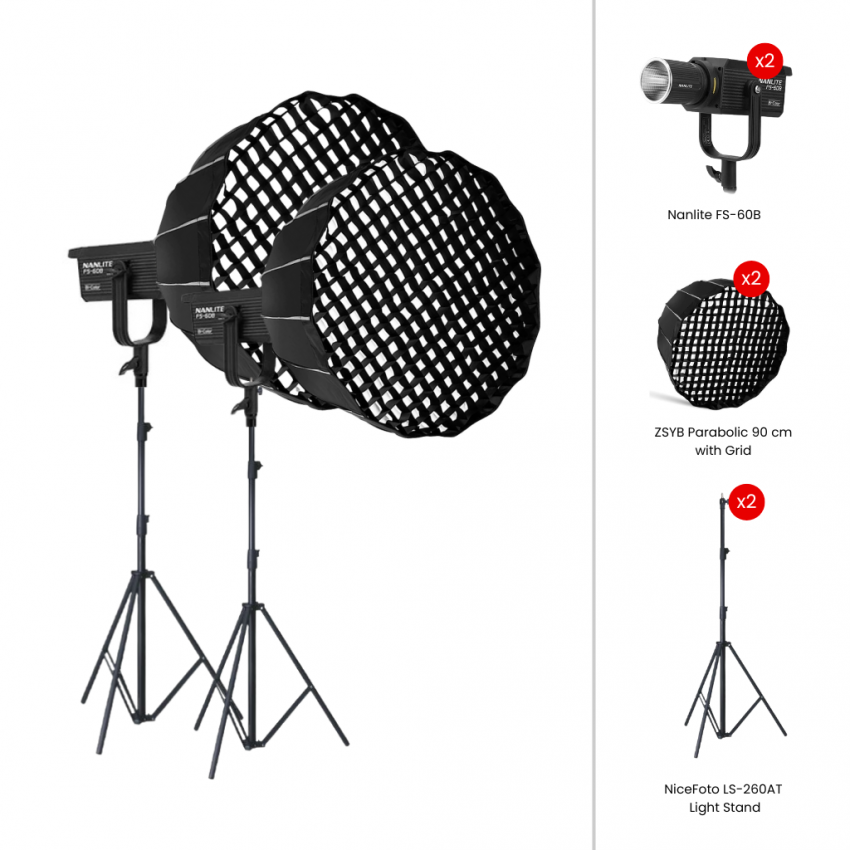 FS Live BiColor - Duo Set ( 2x NANLITE FS-60B, 2x ZSYB Parabolic 90CM with Grid, 2x Nicefoto ขาไฟโช๊คลม 260CM ) ประกันศูนย์ไทย