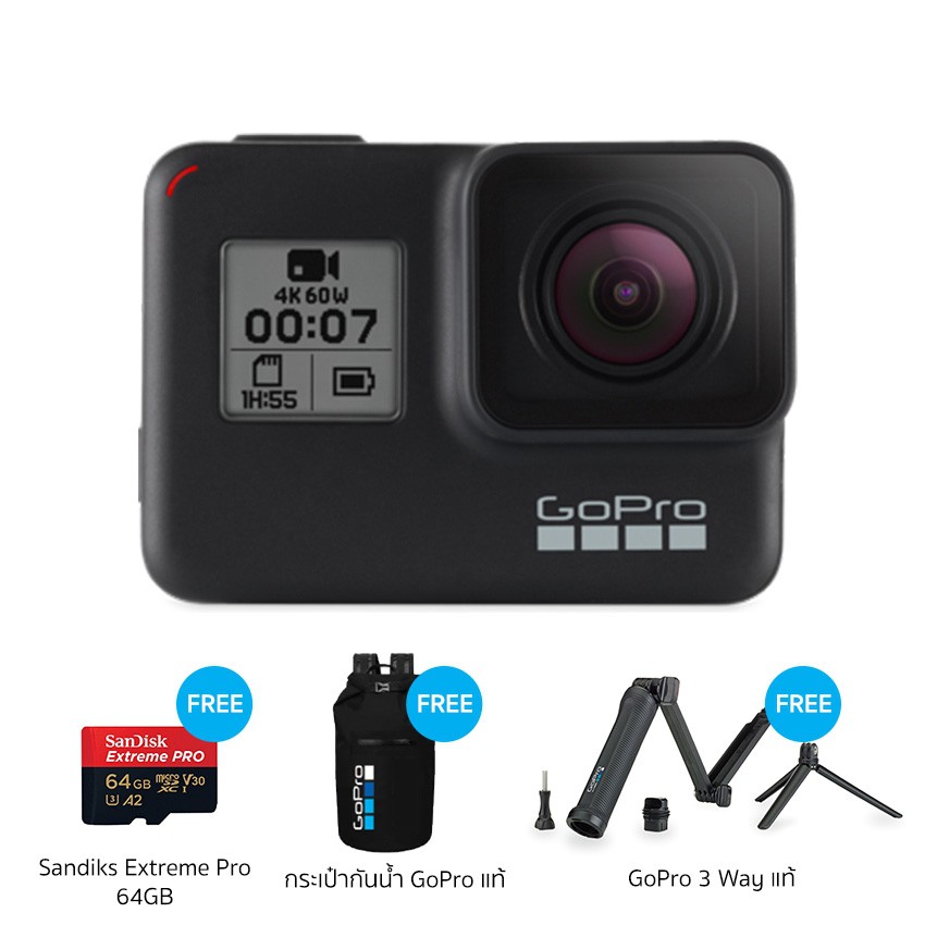 Hero 7 Black แถมฟรี กระเป๋าเป้กันน้ำลิขสิทธิ์แท้จาก GoPro, GoPro 3 Way, Sandiks Extreme Pro 64GB,
