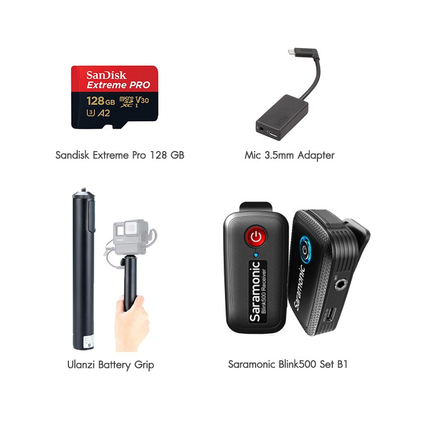GoPro Hero 8 Black Set VLOG Single พร้อมไมค์ไวเลส Blink500 B1, Ulanzi Battery Grip, Mic 3.5mm Adapter, Sandisk Extreme Pro 128 GB ประกันศูนย์ไทย