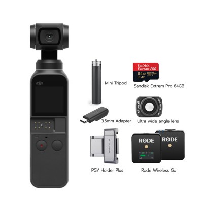 Osmo Pocket Set Premium พร้อม Ultra wide angle lens, PGY Holder Plus, Mini Tripod, Rode Wireless Go, 3.5mm Adapter, Sandisk Extrem Pro 64GB (170/90) ประกันศูนย์ไทย