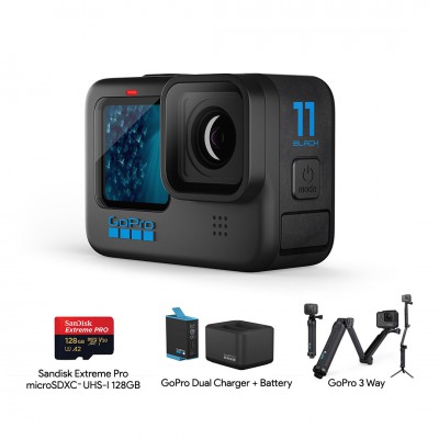 GoPro Hero 11 Black Travel Pack Set 2 (SanDisk Extreme PRO microSDXC™ UHS-I 128GB, GoPro 3 Way, แท่นชาร์จ และ แบตเตอรี่ GoPro) ประกันศูนย์ไทย