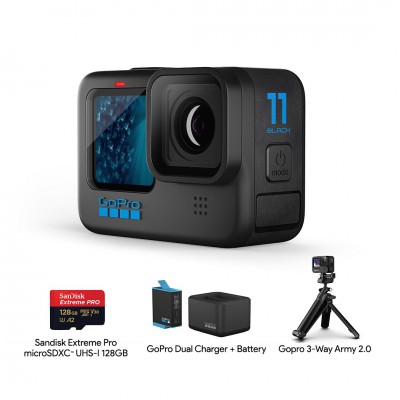 GoPro Hero 11 Black Travel Pack Set 3 (SanDisk Extreme PRO microSDXC™ UHS-I 128GB, Gopro 3-Way Army, แท่นชาร์จ และ แบตเตอรี่ GoPro) ประกันศูนย์ไทย