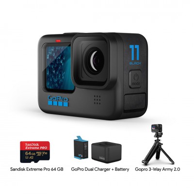 GoPro Hero 11 Black Travel Pack Set 3 (Sandisk Extreme Pro 64GB, Gopro 3-Way Army, แท่นชาร์จ และ แบตเตอรี่ GoPro) ประกันศูนย์ไทย