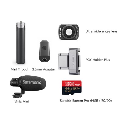 Osmo Pocket พร้อม Ultra wide angle lens, PGY Holder Plus, Mini Tripod, Saramoni Vmic mini, 3.5mm Adapter,Sandisk Extrem Pro 64GB (170/90)ประกันศูนย์ไทย