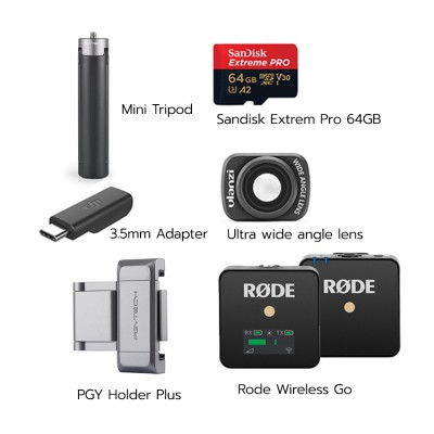 Osmo Pocket Set Premium พร้อม Ultra wide angle lens, PGY Holder Plus, Mini Tripod, Rode Wireless Go, 3.5mm Adapter, Sandisk Extrem Pro 64GB (170/90) ประกันศูนย์ไทย