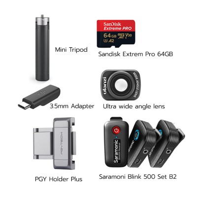 Osmo Pocket Set XXL พร้อม Ultra wide angle lens, PGY Holder Plus, Mini Tripod, Saramoni Wireless Mic Blink B2, 3.5mm Adapter, Sandisk Extrem Pro 64GB (170/90) ประกันศูนย์ไทย